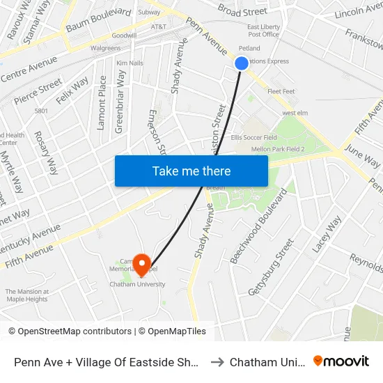 Penn Ave + Village Of Eastside Shopping Center to Chatham University map