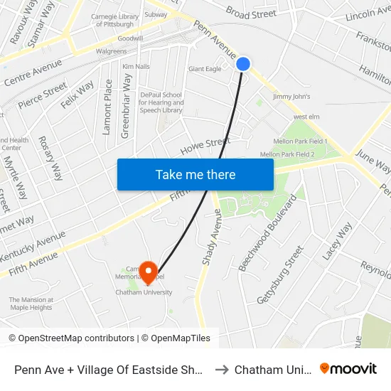 Penn Ave + Village Of Eastside Shopping Center to Chatham University map