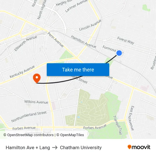 Hamilton Ave + Lang to Chatham University map