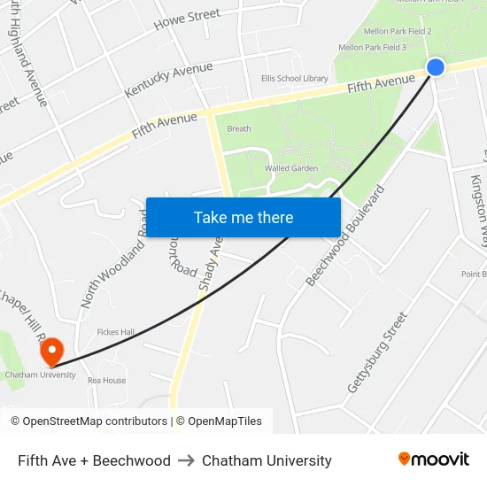 Fifth Ave + Beechwood to Chatham University map