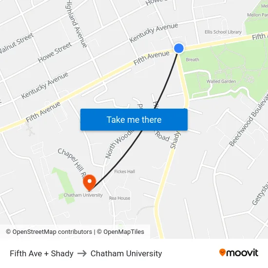 Fifth Ave + Shady to Chatham University map