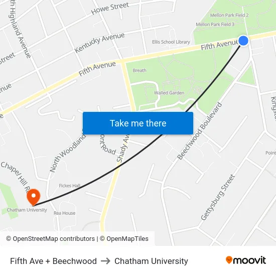 Fifth Ave + Beechwood to Chatham University map