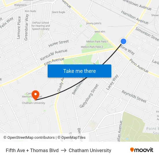 Fifth Ave + Thomas Blvd to Chatham University map