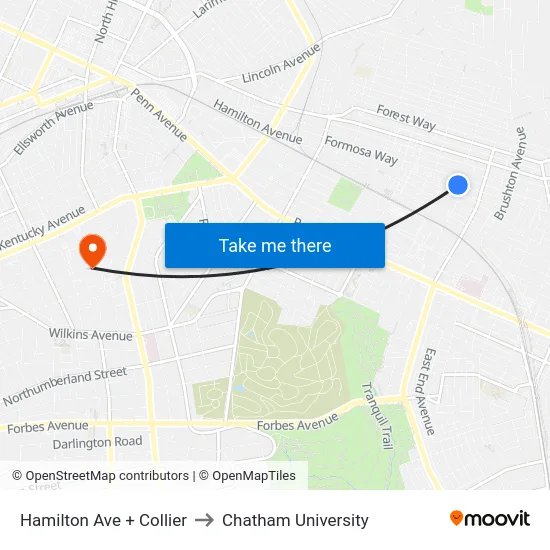 Hamilton Ave + Collier to Chatham University map