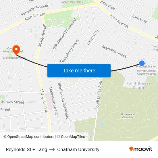 Reynolds St + Lang to Chatham University map