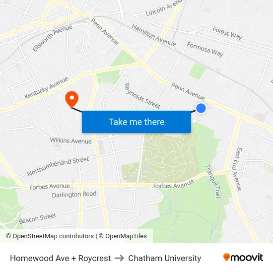 Homewood Ave + Roycrest to Chatham University map