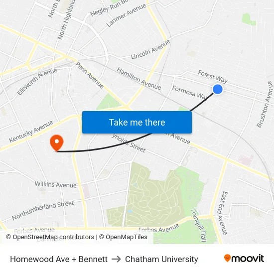 Homewood Ave + Bennett to Chatham University map