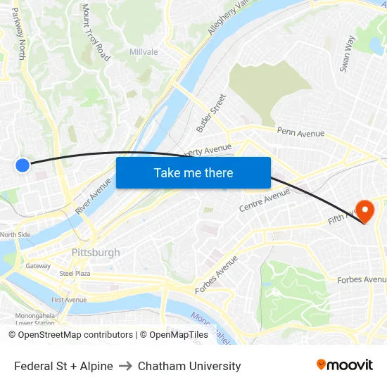 Federal St + Alpine to Chatham University map