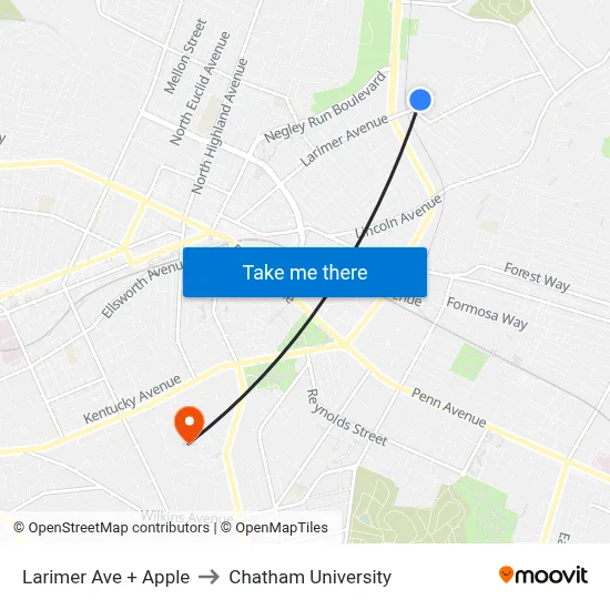 Larimer Ave + Apple to Chatham University map