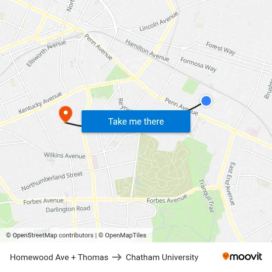 Homewood Ave + Thomas to Chatham University map