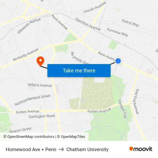 Homewood Ave + Penn to Chatham University map