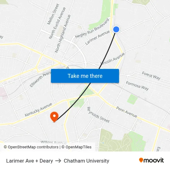 Larimer Ave + Deary to Chatham University map