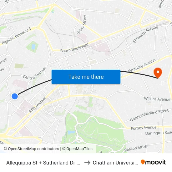 Allequippa St + Sutherland Dr FS to Chatham University map