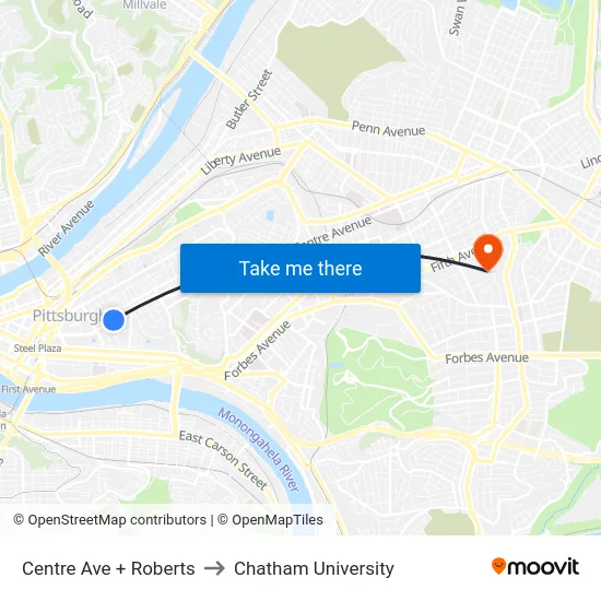 Centre Ave + Roberts to Chatham University map