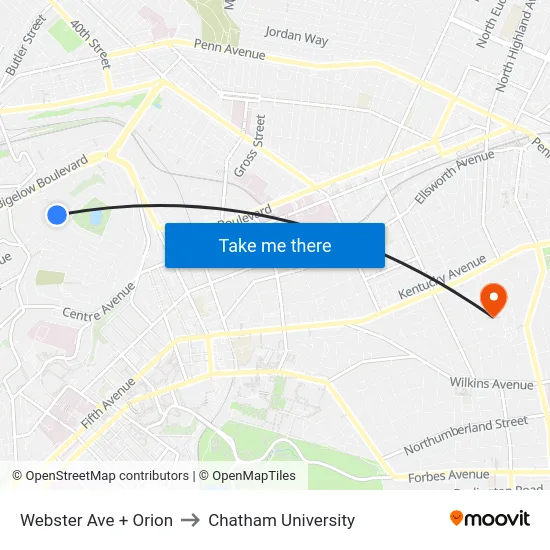 Webster Ave + Orion to Chatham University map