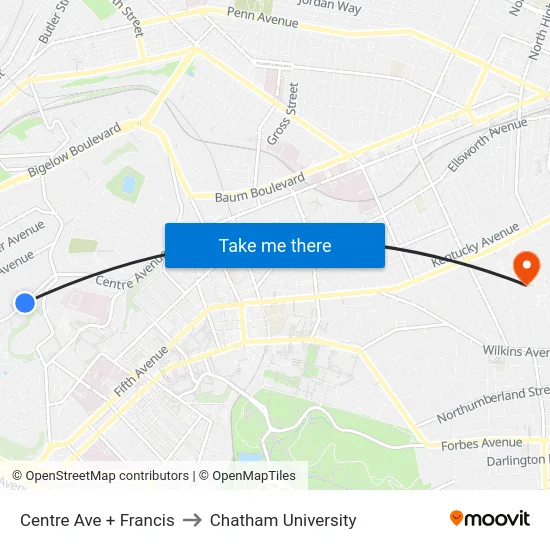 Centre Ave + Francis to Chatham University map