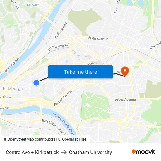 Centre Ave + Kirkpatrick to Chatham University map