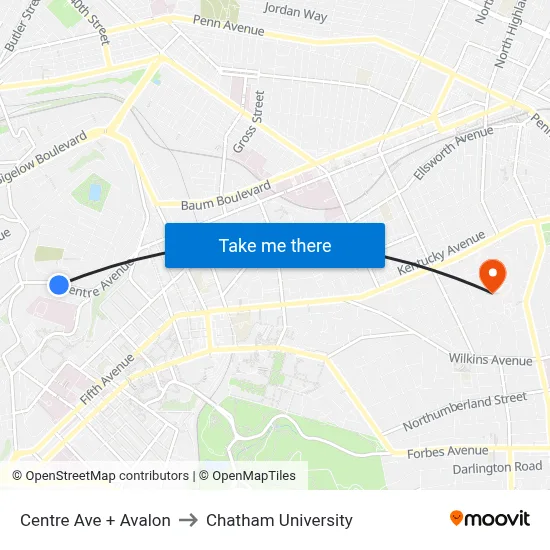 Centre Ave + Avalon to Chatham University map
