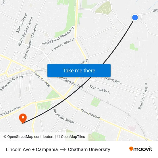 Lincoln Ave + Campania to Chatham University map