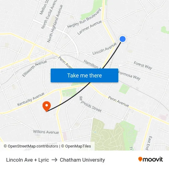 Lincoln Ave + Lyric to Chatham University map