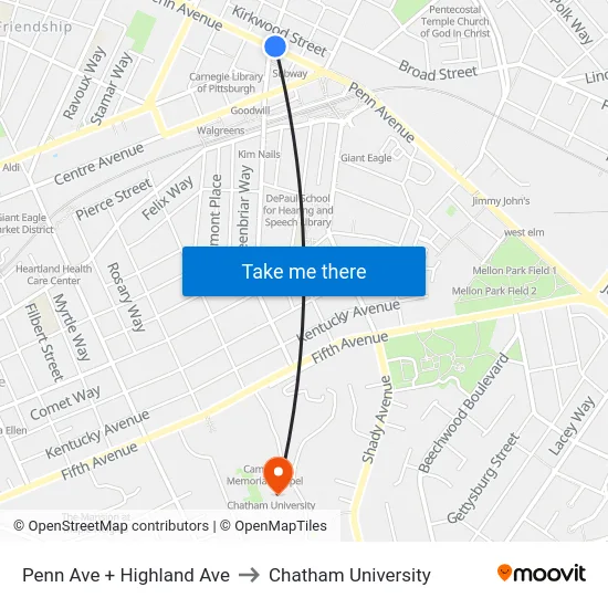 Penn Ave + Highland Ave to Chatham University map