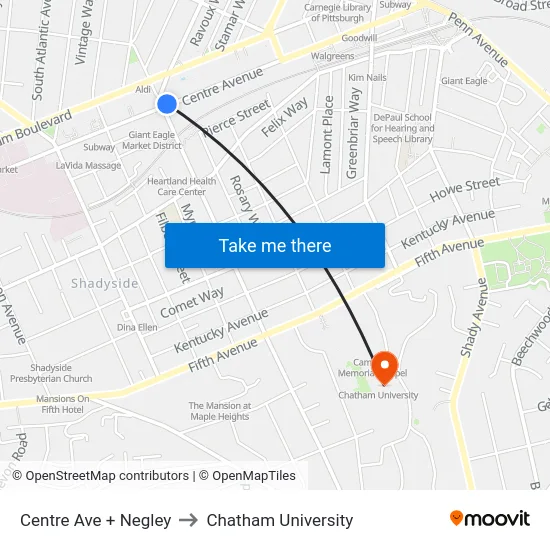Centre Ave + Negley to Chatham University map