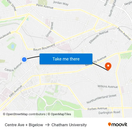 Centre Ave + Bigelow to Chatham University map