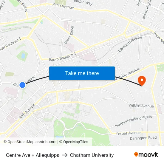 Centre Ave + Allequippa to Chatham University map