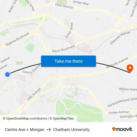 Centre Ave + Morgan to Chatham University map
