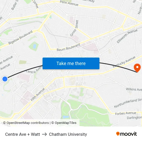Centre Ave + Watt to Chatham University map