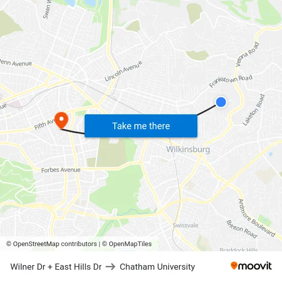 Wilner Dr + East Hills Dr to Chatham University map