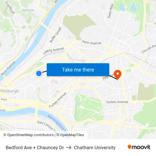 Bedford Ave + Chauncey Dr to Chatham University map
