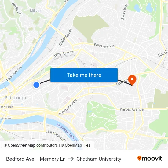 Bedford Ave + Memory Ln to Chatham University map