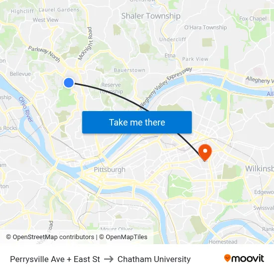 Perrysville Ave + East St to Chatham University map