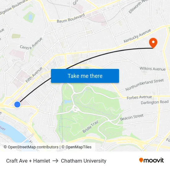 Craft Ave + Hamlet to Chatham University map