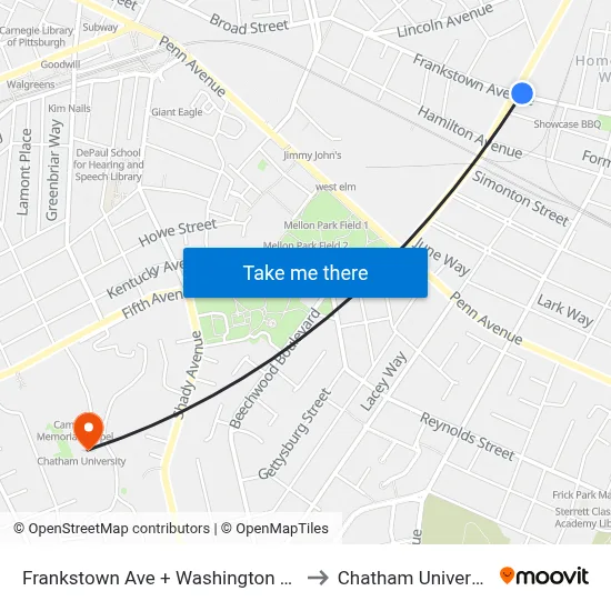 Frankstown Ave + Washington Blvd to Chatham University map