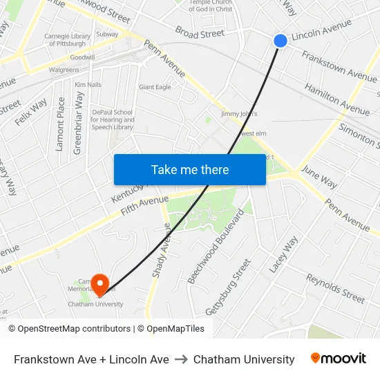 Frankstown Ave + Lincoln Ave to Chatham University map