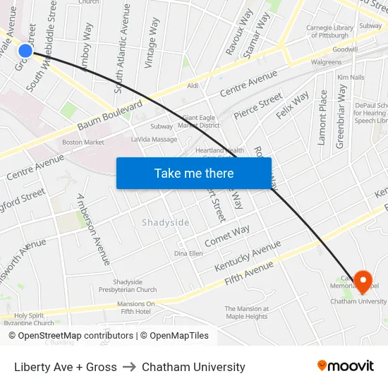 Liberty Ave + Gross to Chatham University map