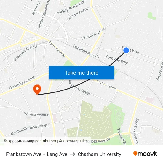 Frankstown Ave + Lang Ave to Chatham University map