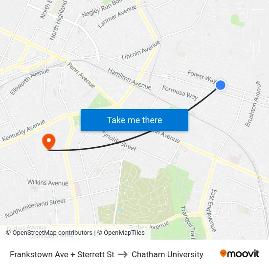 Frankstown Ave + Sterrett St to Chatham University map
