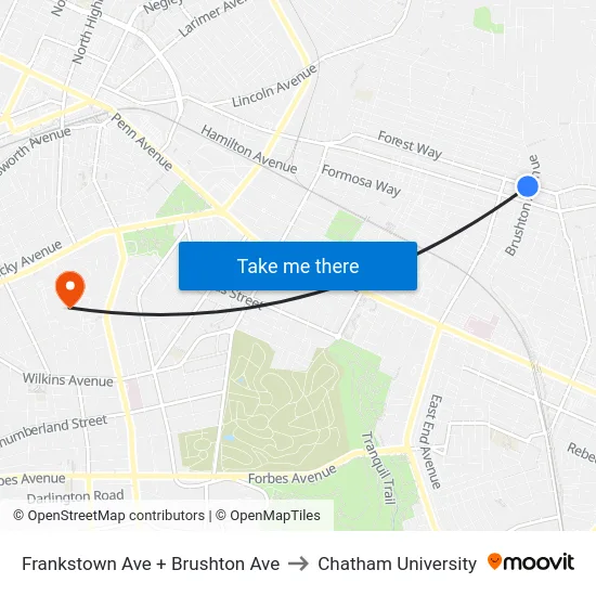Frankstown Ave + Brushton Ave to Chatham University map