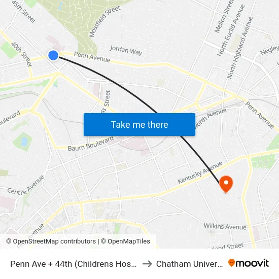 Penn Ave + 44th (Childrens Hospital) to Chatham University map