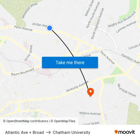 Atlantic Ave + Broad to Chatham University map