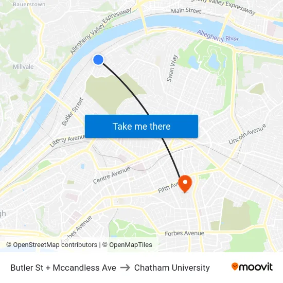 Butler St + Mccandless Ave to Chatham University map