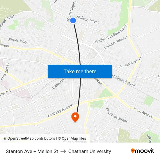 Stanton Ave + Mellon St to Chatham University map