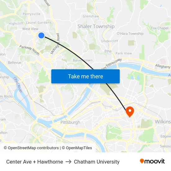 Center Ave + Hawthorne to Chatham University map