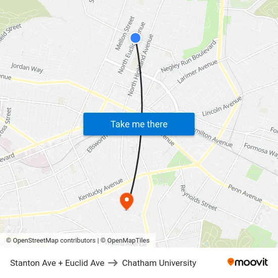 Stanton Ave + Euclid Ave to Chatham University map
