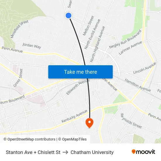 Stanton Ave + Chislett St to Chatham University map