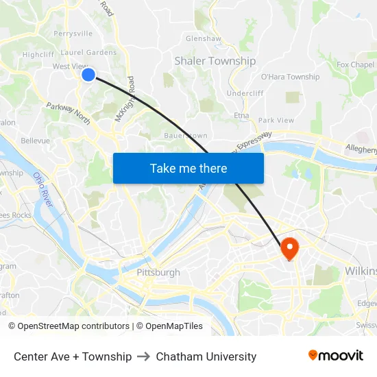Center Ave + Township to Chatham University map