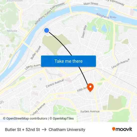 Butler St + 52nd St to Chatham University map